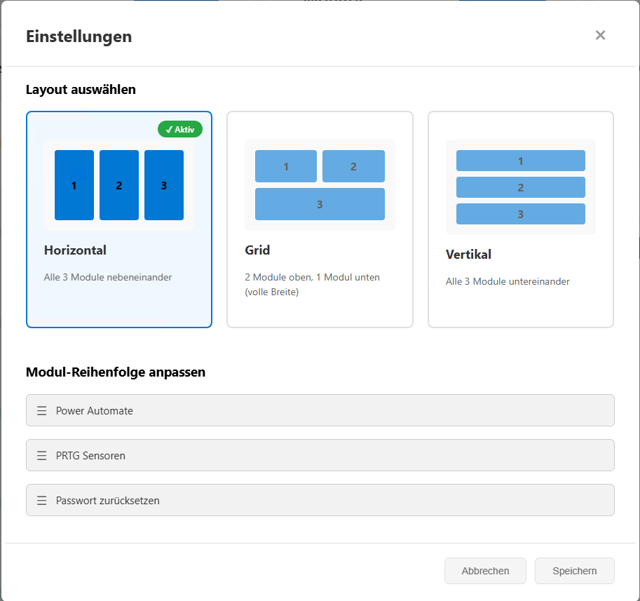 Personalisierung: Layout und Modulreihenfolge per Drag & Drop anpassbar.